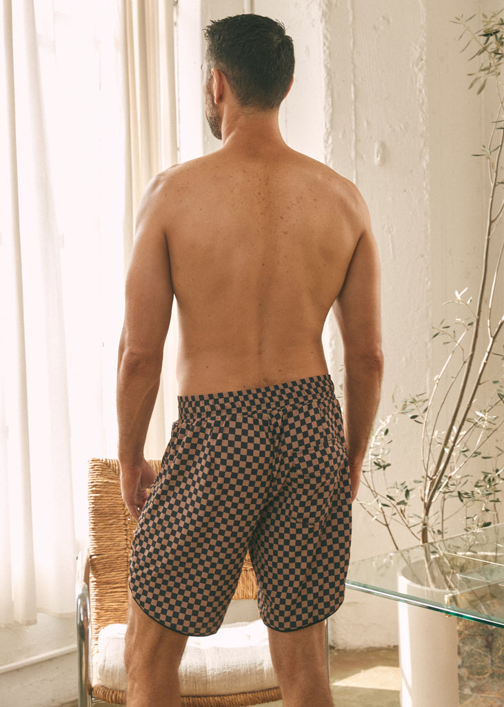 Lizzyapparel Beige and Brown Checkers Neutral Tan and Brown Checkered Mens Swim Trunks, Brown Checkerboard Swim Suit