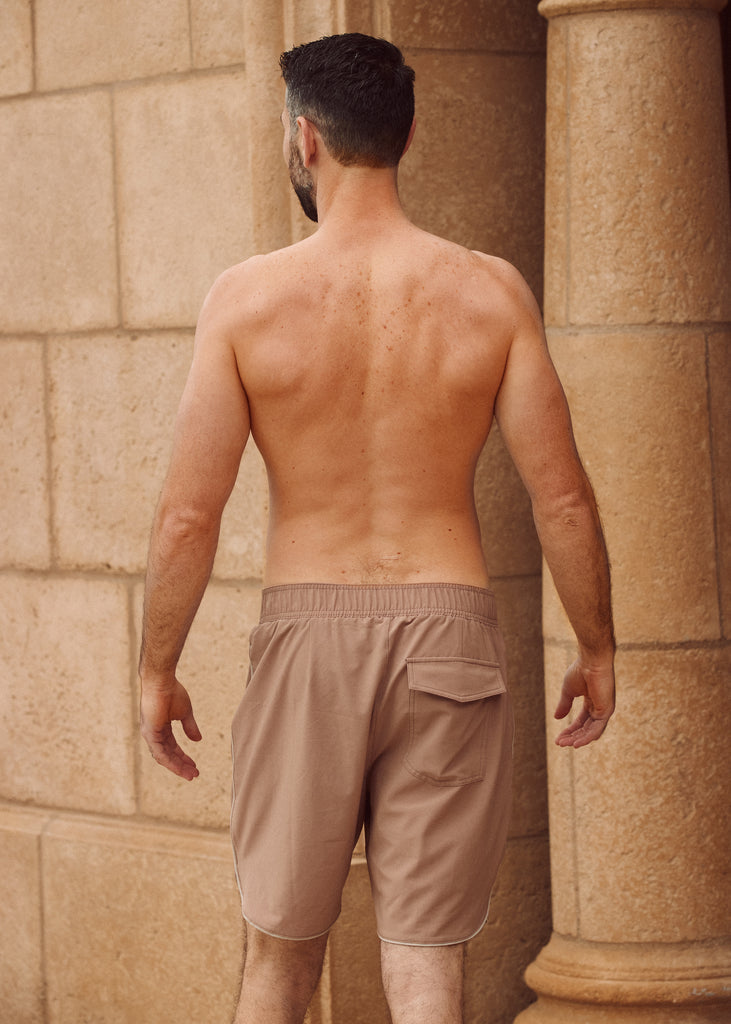 DALLAS SWIM SHORT - CHAI - TAN + LINES by Sivan Ayla